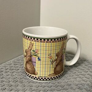 Vintage Easter Bunny, Basket & Flowers Coffee Mug Debbie Mumm 1998